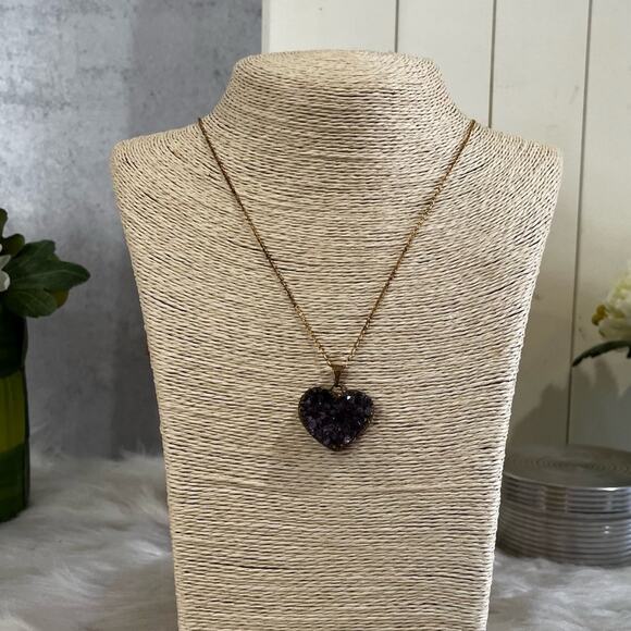 NEW Alexandra Beth Vintage Geode Amethyst Druzy Heart Pendant Necklace 17” NWOT - Picture 4 of 15